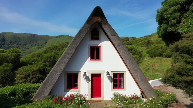 Traditional triangular thatched roof house in madeira