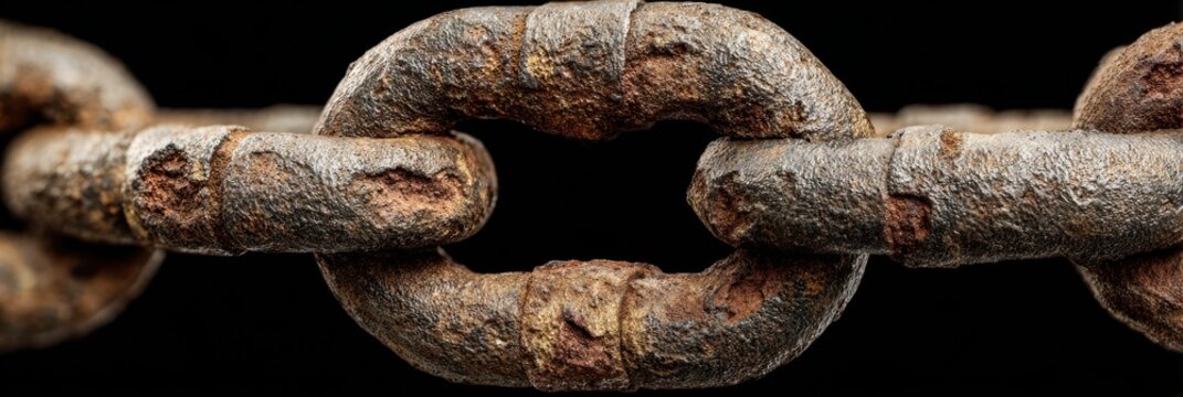 Rusty metal chain links arranged against a dark backdrop showcasing texture and wear
