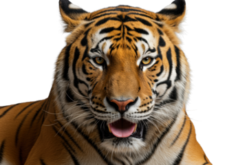 Full-grown Bengal tiger, head/torso, vivid orange fur, black stripes, open jaw baring sharp fangs, piercing amber eyes, transparent studio background. Concept of predatory power and majestic beauty