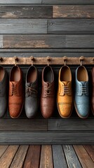 Elegant display of handcrafted shoes on a rustic wooden wall in a stylish shop