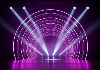 Futuristic neon archway podium stage with dramatic spotlights for product launch event