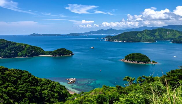 Panoramic view of a turquoise sea and green islands