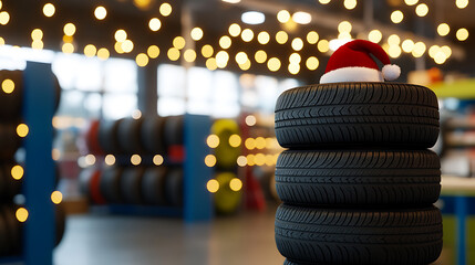 Festive automotive tires: A stack of tires in a garage, topped with a red Santa hat. Holiday spirit in the auto shop with blurred background lights.