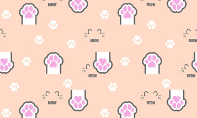 Cat paw vector background. Kitten footprint seamless pattern with text: meow. Kawaii cute doodle vector illustration, background.
