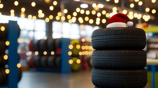 Festive automotive tires: A stack of tires in a garage, topped with a red Santa hat. Holiday spirit in the auto shop with blurred background lights.