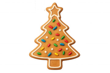 Gingerbread cookie shaped like a christmas tree, decorated with white icing, a star, and colorful sprinkles, on transparent background