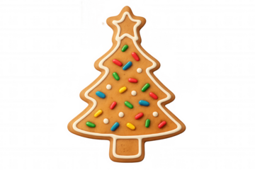 Gingerbread cookie shaped like a christmas tree, decorated with white icing, a star, and colorful sprinkles, on transparent background