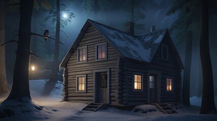 Snowy cabin in the woods at night with lit windows