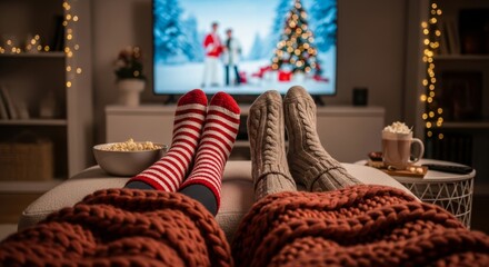 Couple watches Christmas movie at home. People in warm socks on couch under knitted blanket. Festive scene with TV, popcorn, hot chocolate captures holiday togetherness and winter comfort.