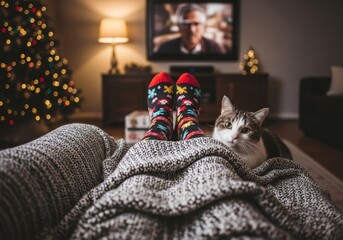 Family and pet cat relax on couch watching Christmas movie. People in festive socks, cute dog wears Santa hat. Cozy scene with lit Christmas tree, popcorn, and hot drinks captures holiday