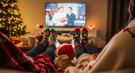 Family and pet cat relax on couch watching Christmas movie. People in festive socks, cute ginger cat wears Santa hat. Cozy scene with lit Christmas tree, popcorn, candy captures holiday togetherness