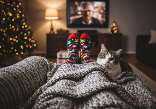 Family and pet cat relax on couch watching Christmas movie. People in festive socks, cute dog wears Santa hat. Cozy scene with lit Christmas tree, popcorn, and hot drinks captures holiday