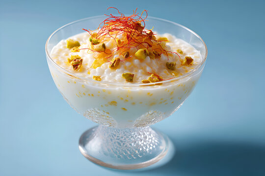 Persian sago pudding with saffron threads and pistachio topping