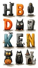 Colorful Halloween-themed letters with spooky characters and decorations in a playful arrangement