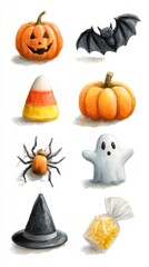 Colorful Halloween decorations with pumpkins, candies, and spooky elements captured in festive style