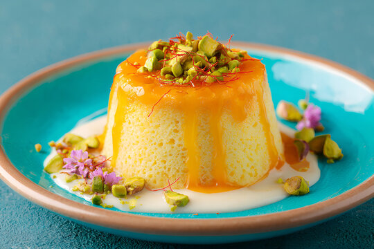 Persian malva pudding with saffron drizzle and pistachio garnish