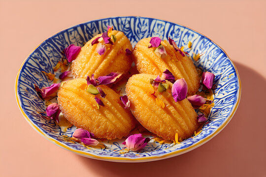 Persian madeleines with rose petals and saffron drizzle