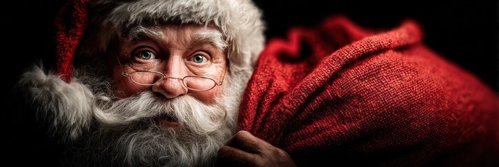 Father Christmas smiles warmly while holding a red sack filled with gifts, embodying the spirit of the festive season