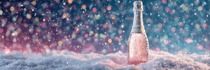 Sparkling champagne bottle surrounded by snowflakes and festive lights during winter celebration night