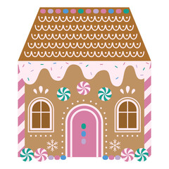 Christmas gingerbread house, candy house. Vector illustration. Christmas Cookies with Icing Glaze, Candy, Dragee. Baking Element