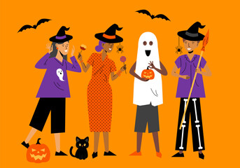 Halloween party background, people in Halloween costumes. Halloween , group of teens in Halloween costume
