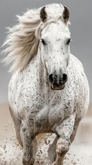 Majestic white horse galloping across sandy terrain under cloudy sky