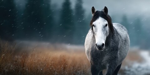 Majestic gray horse walking through a snowy field in a tranquil winter setting with trees in the background
