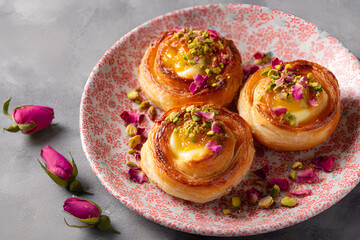 Persian Danish pastry with rose petals and pistachios