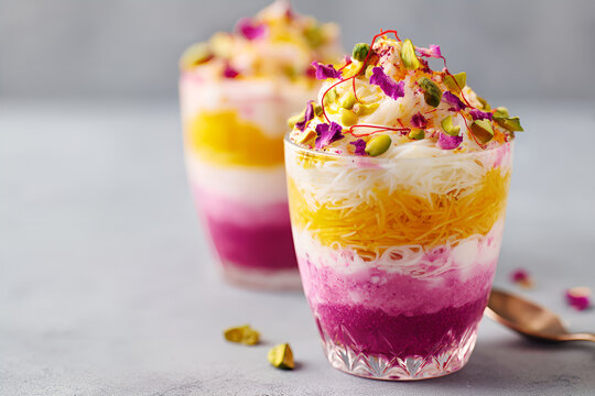 Persian falooda with saffron drizzle and pistachio garnish