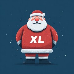 Festive Santa Claus wearing an oversized sweater with the letters XL in snowy winter background