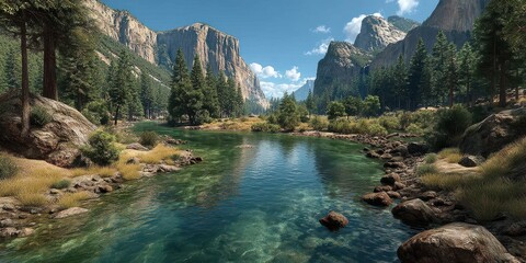 Majestic river flowing through serene mountain landscape under clear blue sky