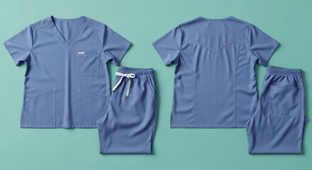 Medical uniform scrubs mockup template for apparel design presentation, showing front and back of blue shirt and pants