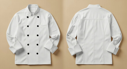 Professional chef coat mockup with front and back views. Blank white kitchen uniform for branding and logo placement