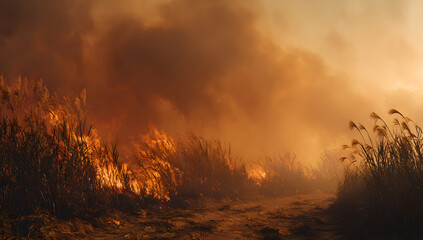 A raging fire producing dense smoke while destroying dried grass and reed fields, emphasizing the ecological impact of burning leaves and natural disasters.