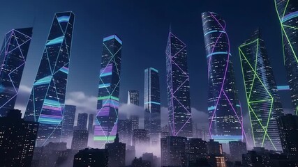 Futuristic city with neon skyscrapers against dusk sky. This futuristic city showcases modern buildings with illuminated geometric shapes, and dark clouds above. - Powered by Adobe