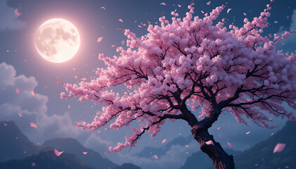Enchanting cherry blossom tree bathed in the soft glow of a full moon, with petals scattering like confetti in the gentle night breeze