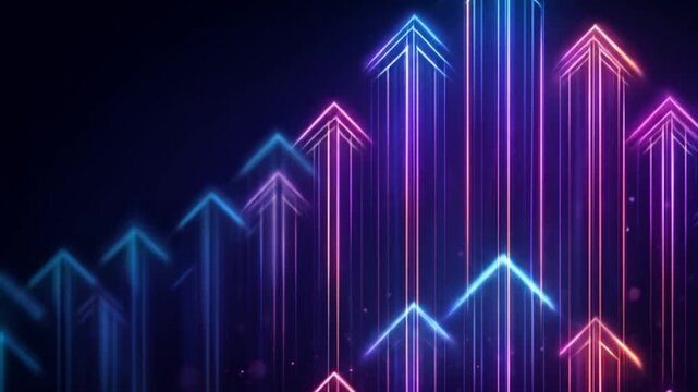 Glowing neon arrows ascend on a dark background, creating a dynamic and vibrant upward movement