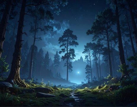 Mystical night forest path. A serene woodland scene under a starry night sky - Powered by Adobe