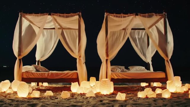 Romantic four-poster bed under a starry night sky, adorned with soft lighting.