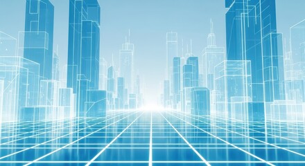 Naklejka na ściany i meble Abstract digital cityscape with glowing blue grid lines and futuristic building outlines, technology concept