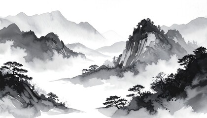 Misty mountain landscape in grayscale