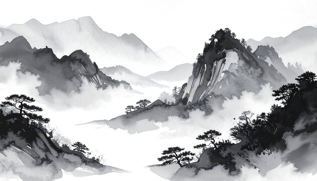 Misty mountain landscape in grayscale