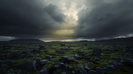 Obraz premium Moody Storm Clouds Over Rocky Green Tundra Landscape at Sunset
