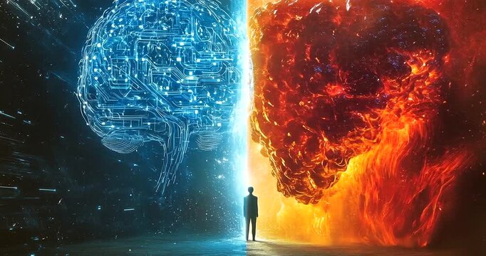 A silhouette stands between a glowing blue digital brain and a fiery, chaotic explosion, symbolizing the duality of artificial intelligence and human consciousness 4k video