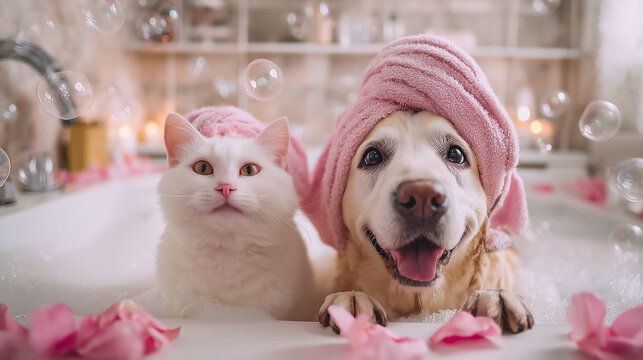 Pampered Pets Spa Day: Cat and Dog Friends in a Bubble Bath - Powered by Adobe