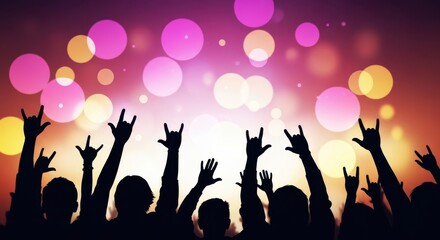 Naklejka na ściany i meble Crowd of people with hands raised in the air at a concert or festival with colorful bokeh lights in the background