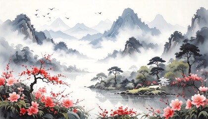 Misty mountain landscape with a river and flowering trees