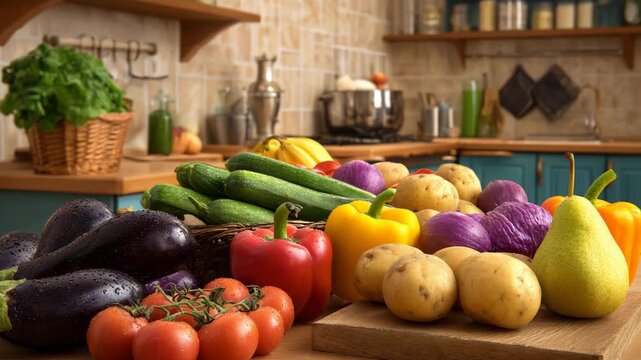 Colorful variety of fresh vegetables arranged on a wooden table, showcasing textures and colors in a warm kitchen atmosphere