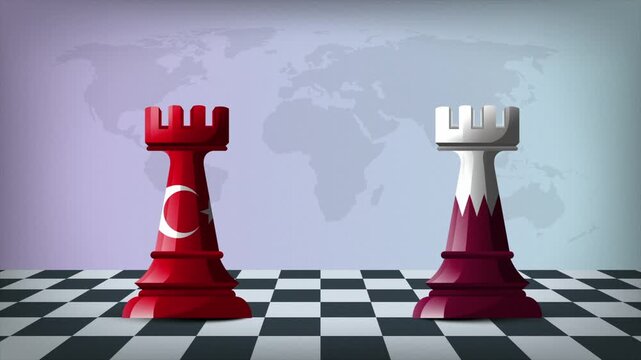 Two Standing Rooks Representing Turkey vs Qatar with Flags on Bodies and World Map in Background