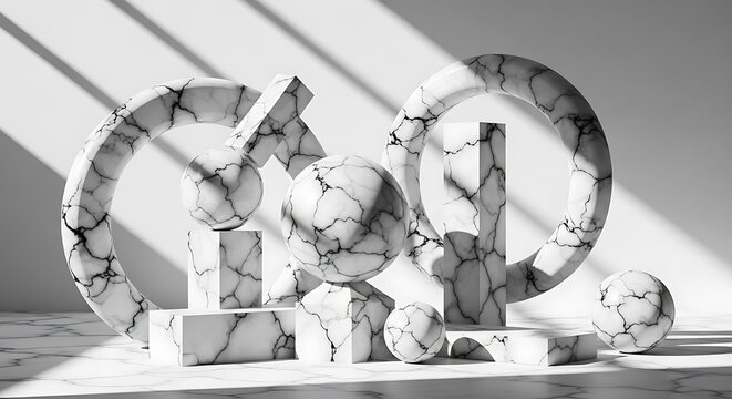 Illustration of abstract geometric shapes with marble texture and dramatic lighting, 3d render